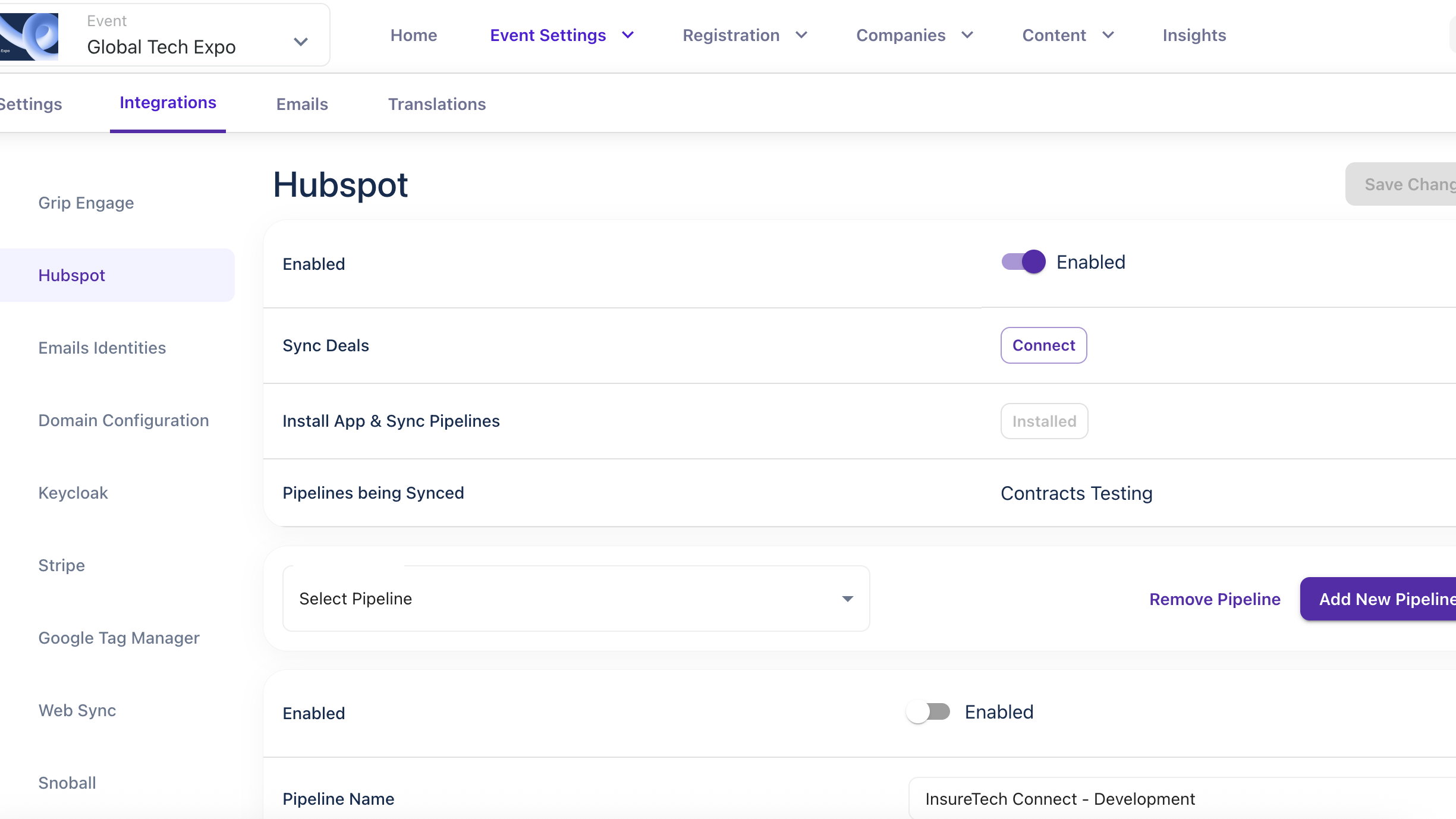 Integration config page